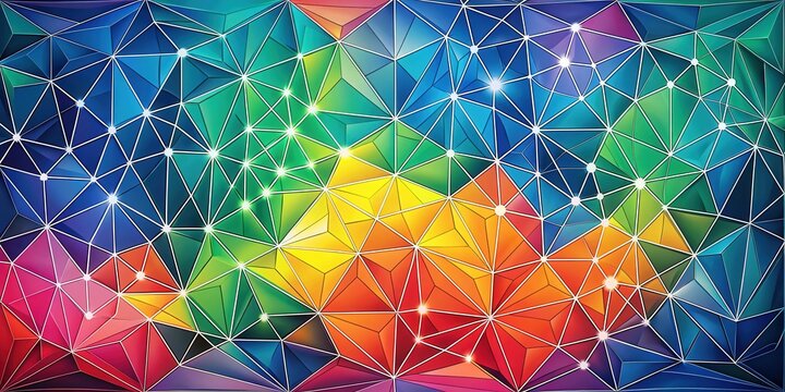 A vibrant and intricate abstract design composed of a spectrum of colorful triangular shapes, interconnected by a delicate network of white lines, creating a mesmerizing visual experience.