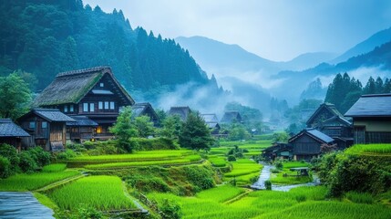 Obraz premium Serene Village Amidst Lush Green Rice Fields