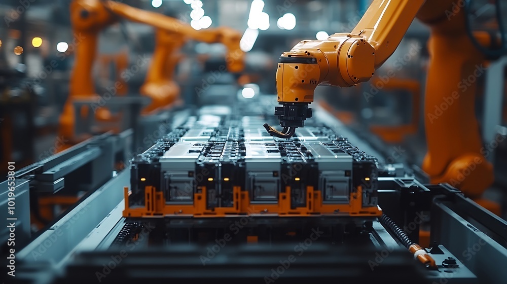 Poster Modern EV Factory On Automated Production Line Robot Arms Transporting Automotive Battery Modules onto Conveyor Belt Electric Car Battery Pack Manufacturing Process : Generative AI