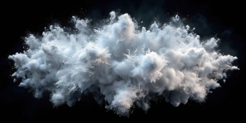 A dramatic cloud of white powder exploding against a black background, creating a sense of energy and chaos.