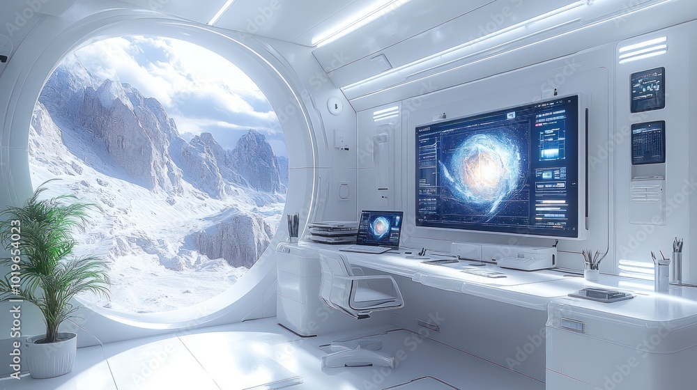 Aufkleber futuristic workspace with a cosmic view and advanced technology.