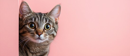 Obraz premium Curious Cat Peeking From Behind a Pink Wall