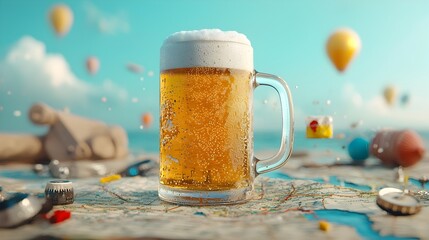 An old vintage map with a frosty beer mug placed on top symbolizing the and adventure tied to discovering new and exciting flavors of craft beer  The image evokes a sense of wanderlust discovery