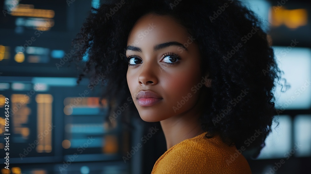 Leinwandbilder Black woman working in office and communication network concept ICT Information Communication Technology Cloud computing System engineering : Generative AI