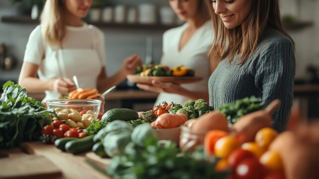 Three women prepare fresh vegetables and fruits in a modern kitchen, highlighting healthy eating and culinary creativity. - Powered by Adobe