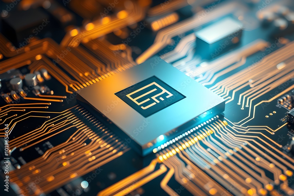 Poster close-up of microchip on circuit board with golden traces