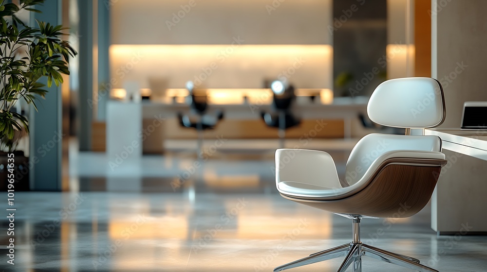 Poster modern office interior with sleek chairs and minimalist desks creates a bright and uncluttered works