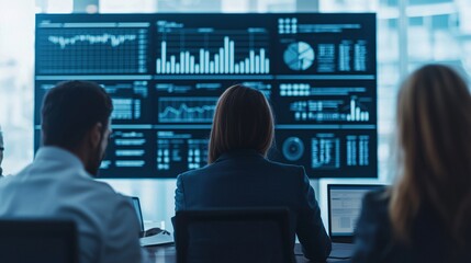 Data Driven Decisions: A team of business professionals analyze data on a large monitor, showcasing their dedication to informed decision-making and strategic planning. 