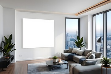 Modern Living Room with City View and Blank Canvas