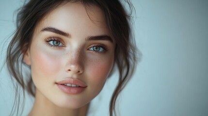 Obraz premium Closeup of a beauty studio portrait of an attractive young woman on a gray isolated background A charming girl with perfect skin and hair poses and looks at the camera : Generative AI