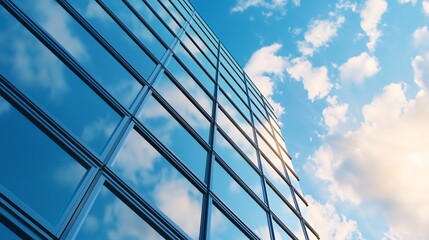 Skyward Ambition: A captivating perspective of a modern glass skyscraper reaching for the heavens, reflecting the vibrant blue sky and fluffy clouds.