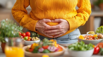 Close Up Image Showcasing a Person s Hand Holding Their Stomach in Visible Discomfort While Seated at a Dinner Table Highlighting Issues with Digestion Illness or Unease During a Meal