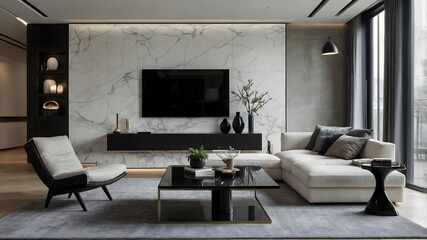 Modern Ultra Minimalist Living Room with Large Sofa and White Soft Tone (AI-Generated)  