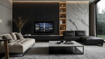 Modern Ultra Minimalist Living Room with Large Sofa and White Soft Tone (AI-Generated)  