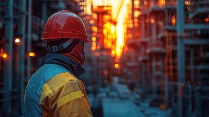 Worker in safety gear observing a construction site at sunset.