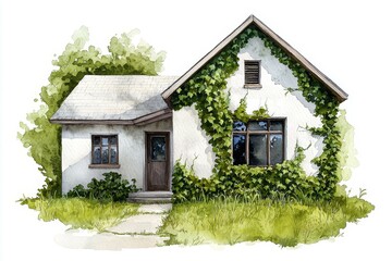 Watercolor impression of a vintage house, with ivy-covered walls and classic charm.