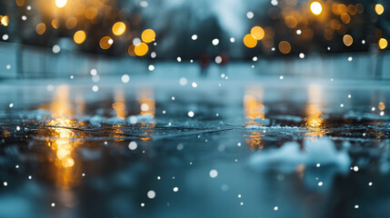Winter ice rink, illuminated by the light of city lights.Christmas background evokes a sense of winter magic
