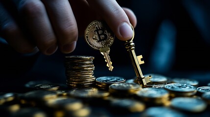A businessman unlocks a key which growth and success of a business The stacked coins and upward arrows represent financial and investment success strategy opportunity and leadership : Generative AI