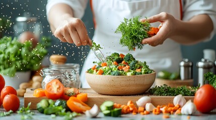 Close up view of hands preparing a nutritious homemade meal with steamed vegetables lean proteins and fresh herbs on a wooden counter in the kitchen  Healthy eating and clean cooking concept