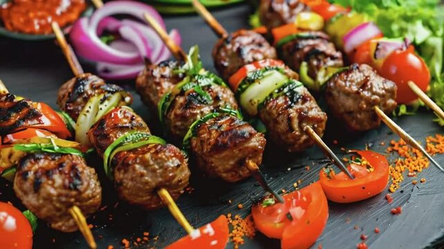 Close-up of grilled kebabs with meat and vegetables.