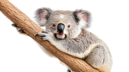 Fototapeta premium Climbing koala resting on branch, showcasing its adorable features and fluffy fur