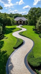 Country estate with a long driveway, expansive gardens, and a grand entrance.