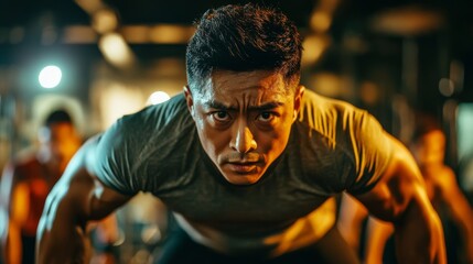 A focused individual performs intense exercise in a gym, showcasing strength and determination amidst a dynamic workout environment.