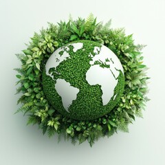 Green globe surrounded by lush foliage on white background.