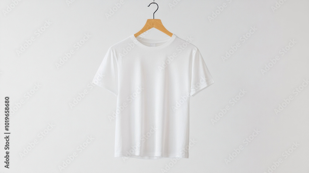 Wall mural simple white crew neck t shirt hanging on wooden hanger, showcasing its clean design