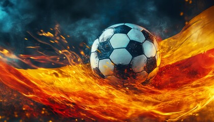 Fototapeta premium A soccer ball in a blaze of fire with a smoke and fire background.