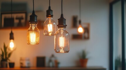 Obraz premium Assorted vintage glass bottle pendant lights with metal fixtures and exposed bulbs, casting a soft glow over a modern wooden desk with minimal decor.