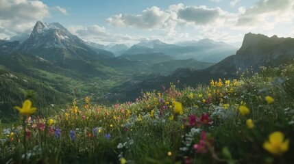 Fototapeta premium Vibrant Wildflowers in Majestic Mountain Landscape