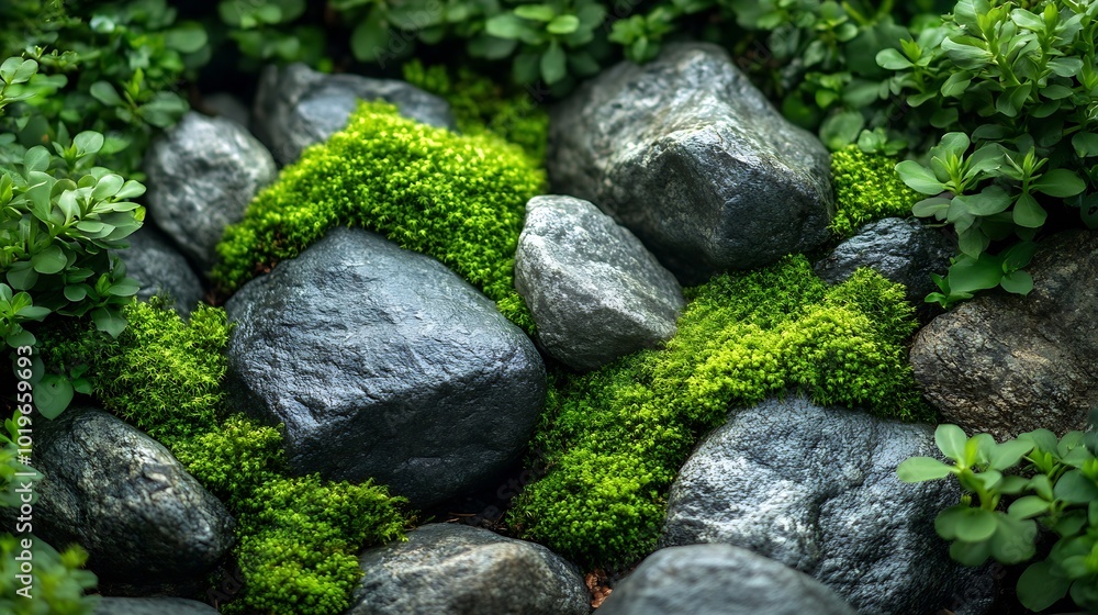 Poster beautiful bright green moss grown up cover the rough stones and on the floor in the forest show with