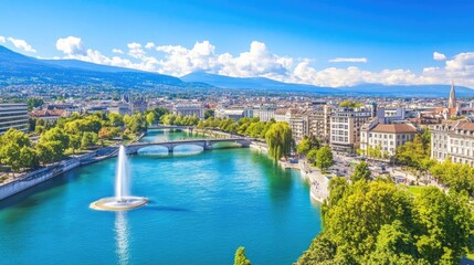 Scenic View of City River with Mountains in Background
