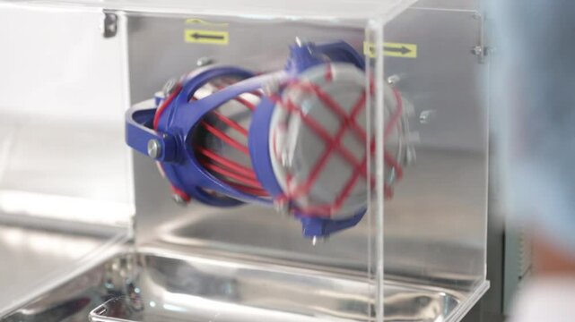 science laboratory test with equipment. rotating equipment in lab moving with robotic arm mixing medicines. scientist running experiments