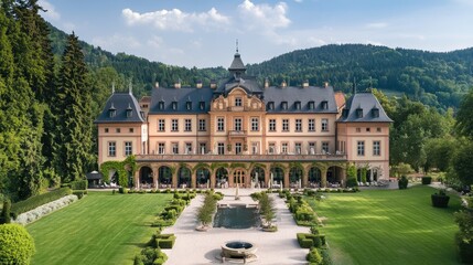 Elegant mansion surrounded by lush green landscape