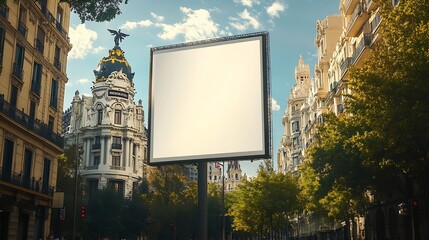 A vertical mockup of a blank billboard on a sunny day with the ornate architecture of madrid in the background : Generative AI