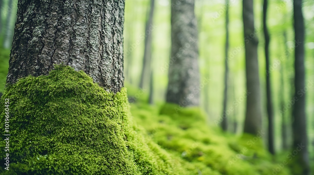 Aufkleber close up lush green moss envelops the trees in the mystical woods of torla in ordesa national park s