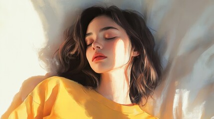 Fototapeta premium A Serene Moment Captured as a Young Woman Relaxes, Bathed in Soft Sunlight on a Tranquil Afternoon