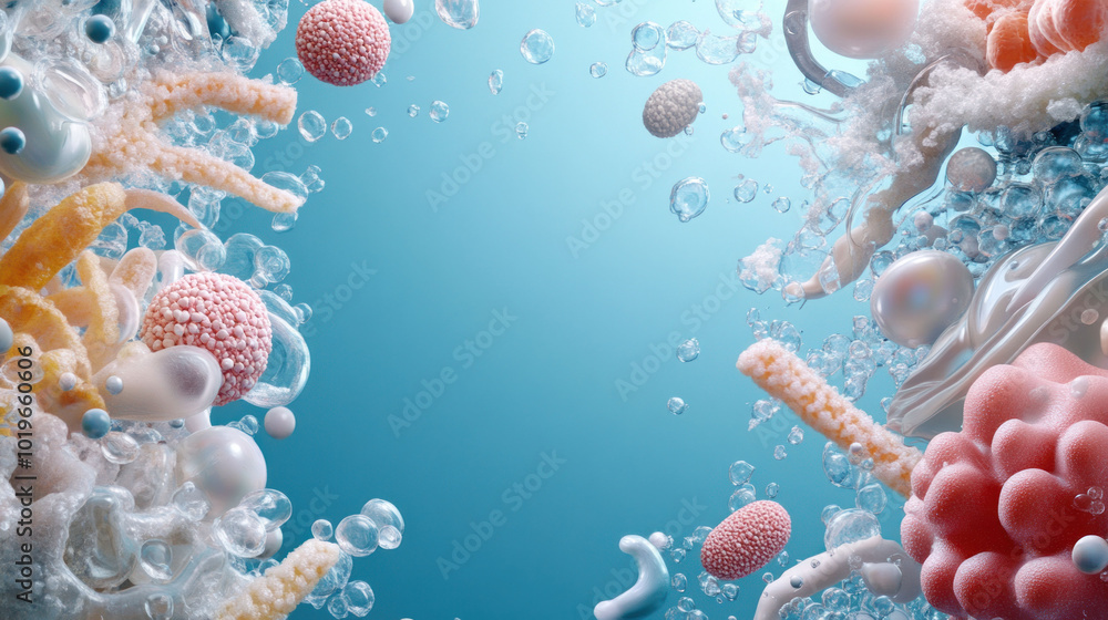 Poster Clusters of microbial life create intricate display of organic 3D textures, showcasing vibrant colors and diverse shapes in captivating underwater scene