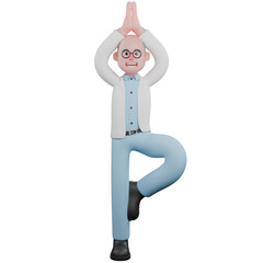 Illustration of 3D Male Scientist. A male scientist is doing a yoga pose, specifically a tree pose with one leg raised and both hands together above his head.. Professional Cartoon