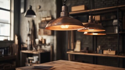 Industrial light fixtures hanging above a rustic desk in a home interior, creating a perfect blend of modern and vintage design.