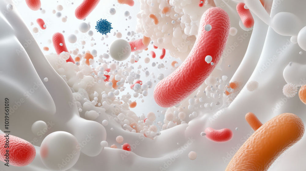 Aufkleber Microorganisms forming clusters in 3D design, showcasing vibrant colors and intricate details. This visually captivating representation highlights complexity of microbial life