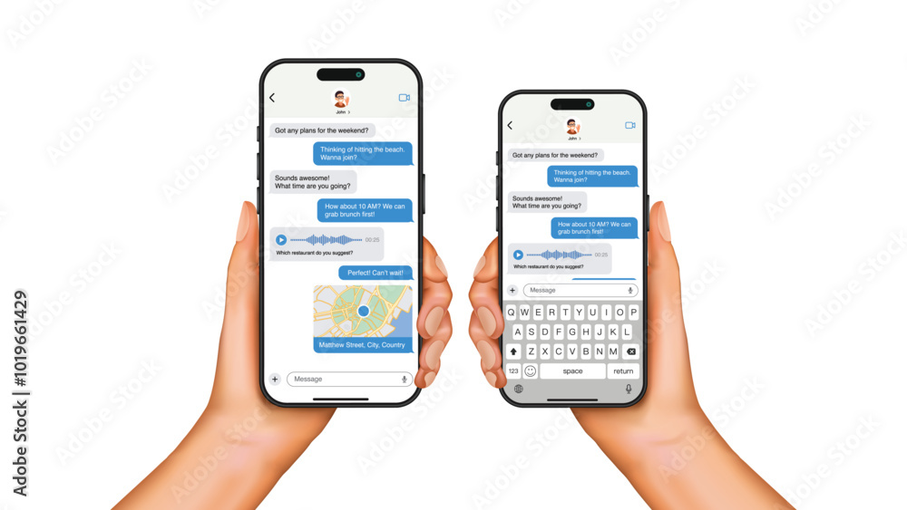 Poster sms chat and messenger template: hand holding smartphone with customizable texting bubbles for perso