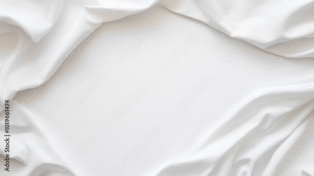 Poster Soft white fabric draped elegantly creates serene and clean backdrop, perfect for showcasing products or designs. smooth texture adds touch of sophistication and simplicity