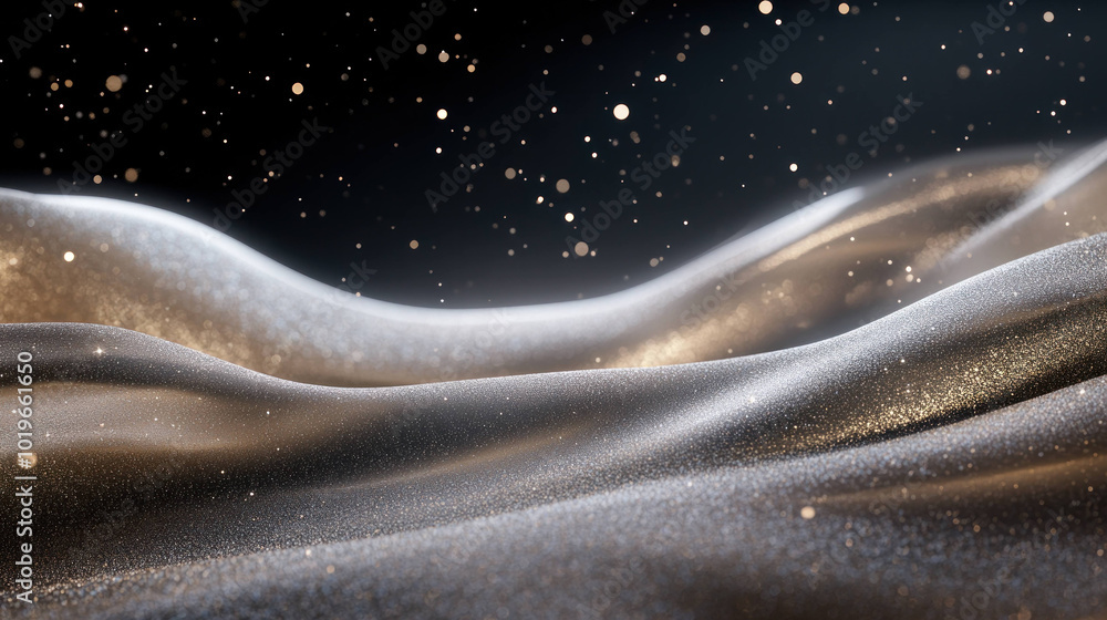 Poster Shimmering particles create mesmerizing wave effect, enhancing beauty of flowing surface. interplay of light and texture evokes sense of elegance and tranquility