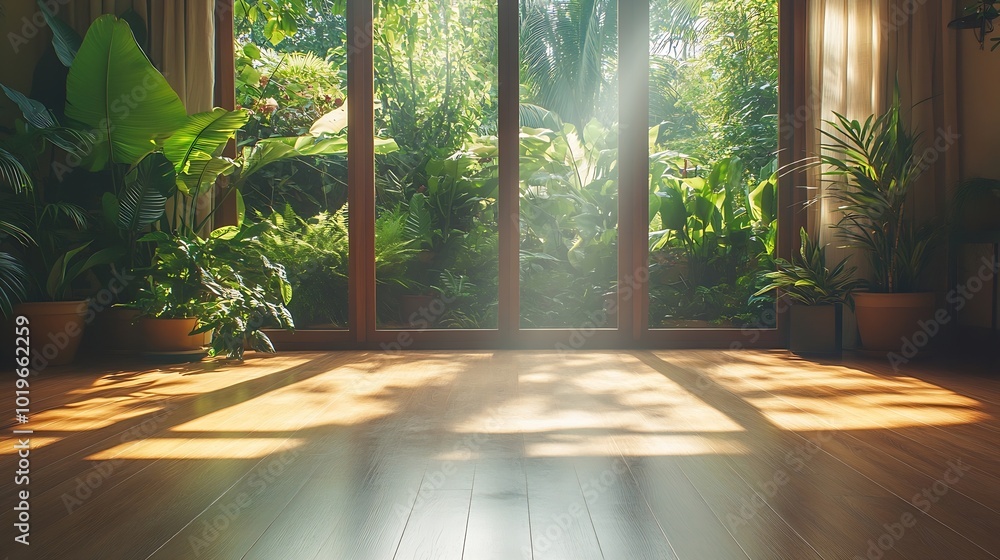 Aufkleber Sunlight falling on floor in unfurnished empty living room through large windows overlooking lush plants in backyard : Generative AI
