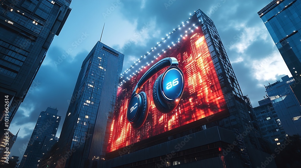 Poster big city 3d billboard of a headphones creative technology device advert in urban district on skyscra