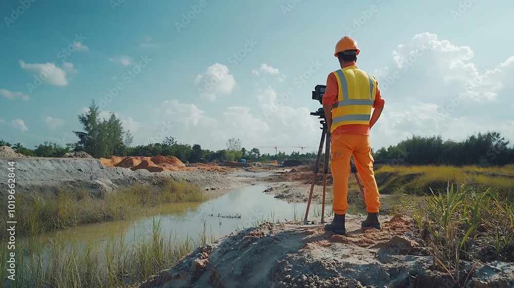 Aufkleber Engineer surveyor team Use drone for operator inspecting and survey construction site Surveyors or explorer use drones to view construction sites or check security : Generative AI