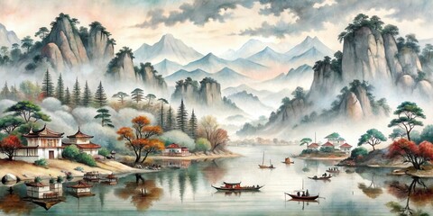 Serene Watercolor Landscape Depicting a Tranquil River Winding Through Misty Mountains, Adorned with Traditional Architecture and Boats Reflecting on the Calm Water
